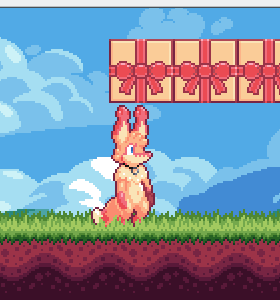 a pixel art fox jumps up into a gift box, which is facing the camera; its lid falls away, revealing a spiral candy inside