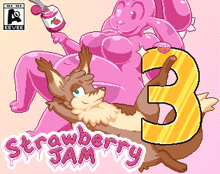 Strawberry Jam 3 (depicting Cerise in the background, and Lexy in the foreground with a sly expression and her legs spread, but the 3 obscuring her crotch)