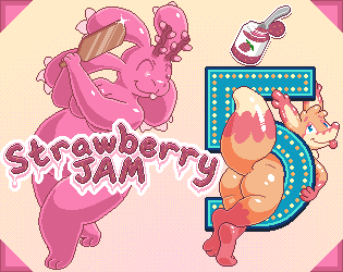 Strawberry Jam 5 (depicting Lexy bent through the bottom part of a large 5 to show her butt, and Cerise winding up a paddle, about to smack her with it)